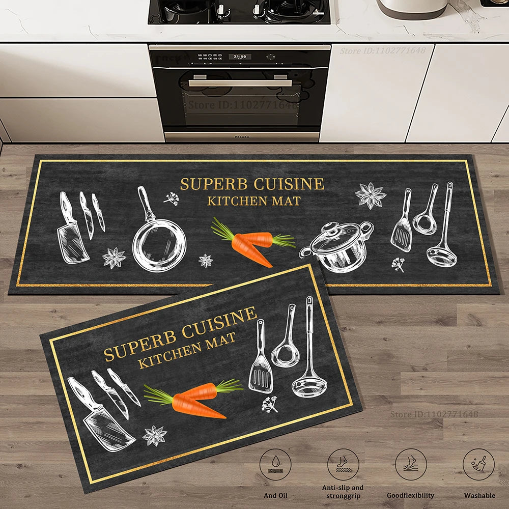 Kitchen Corner Floor Mat Waterproof Carpet Non-slip Foot Mats Long Carpets Rug Black Plaid Home Decoration Rugs Washable Mat
