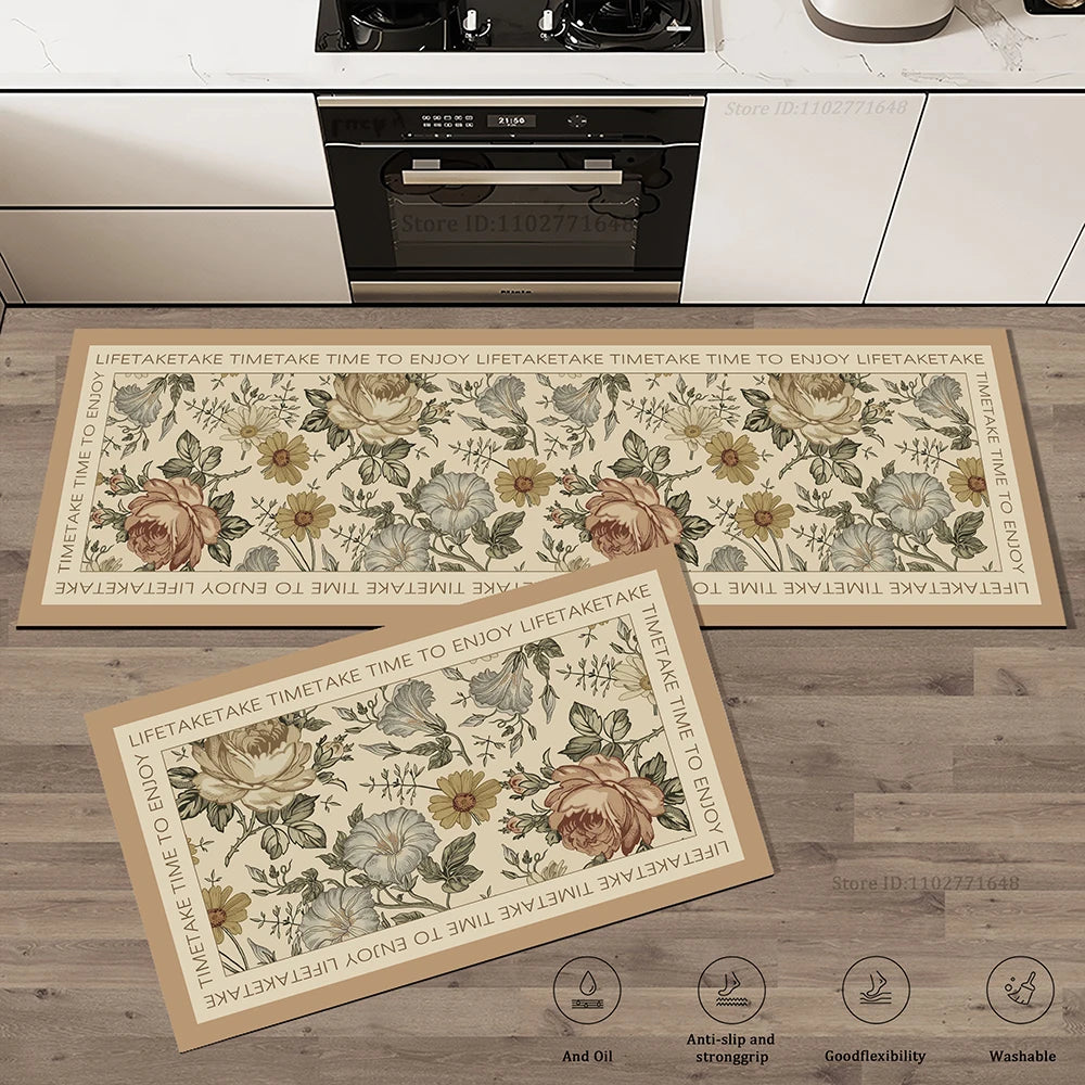 Absorbent Non-slip Floral Vintage Kitchen Long Floor Mat Quality Washable Bedroom Corner Rug Entrance Doormat Waterproof Carpet