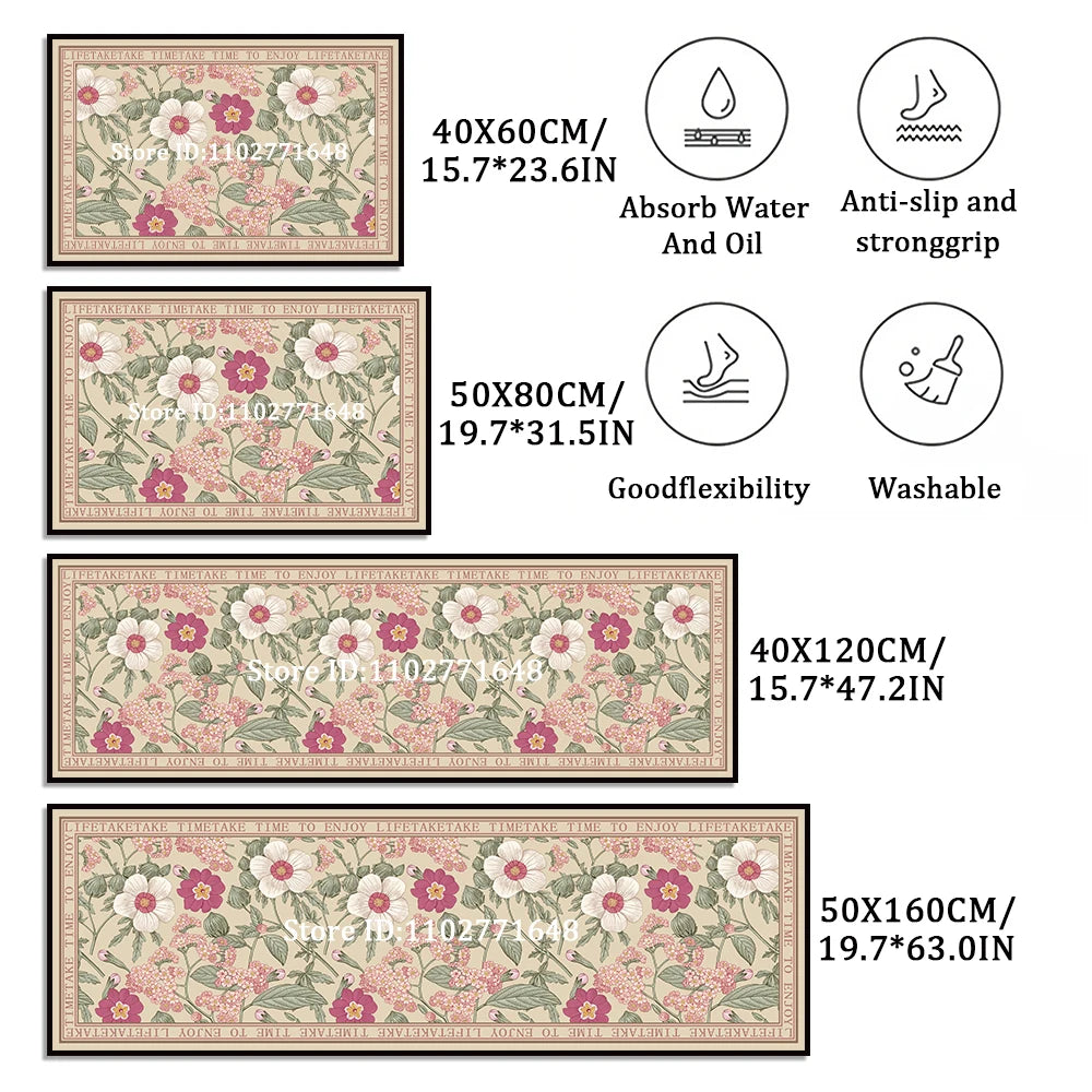 Absorbent Non-slip Floral Vintage Kitchen Long Floor Mat Quality Washable Bedroom Corner Rug Entrance Doormat Waterproof Carpet